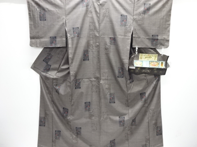 JAPANESE KIMONO / UNUSED / SILK / DORO OSHIMA TSUMUGI / WOVEN TANZAKU & FLOWERS